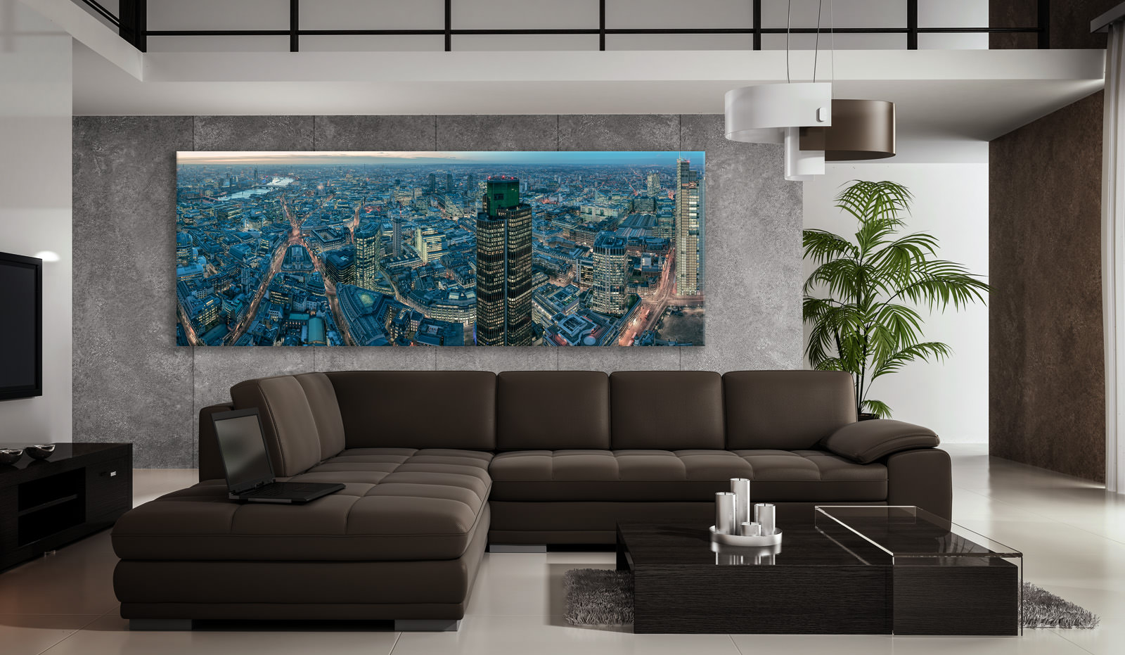 A large acrylic print of London from the Leadenhall on a wall in an open-plan living space