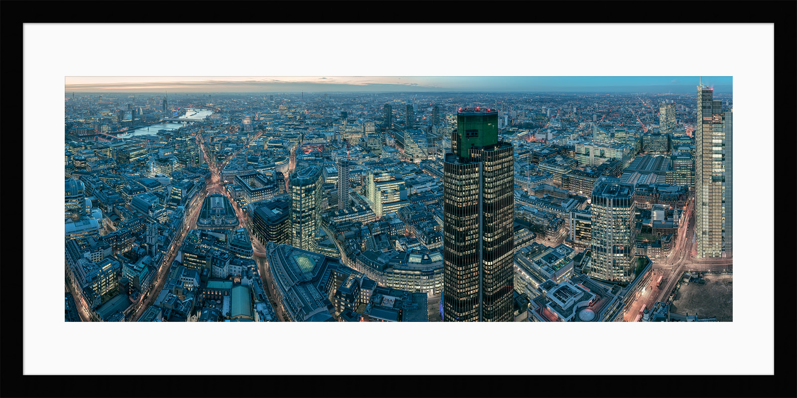 The framed print of London from the Leadenhall: a black frame with a wide white mount around the panorama