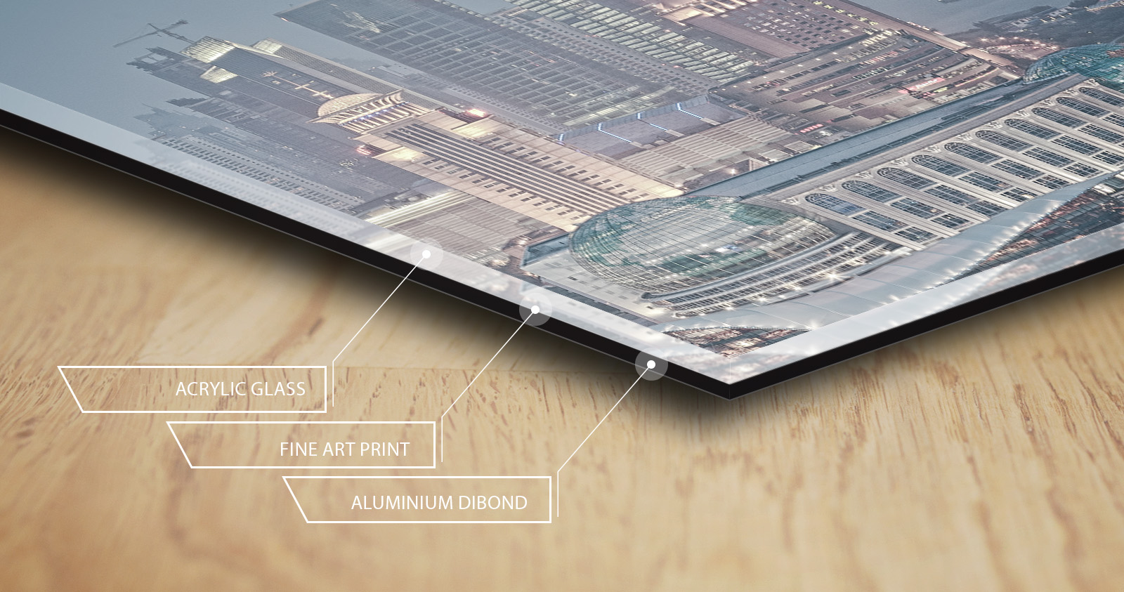 Cross-section of the acrylic print: acrylic glass, fine art print, aluminium Dibond