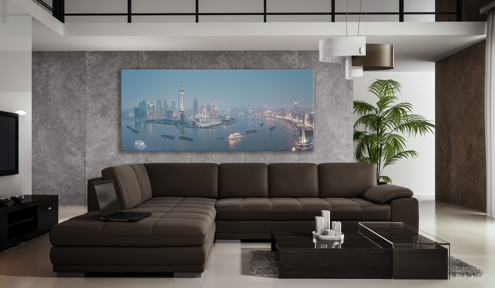 A large acrylic print of Huangpu River in a room setting