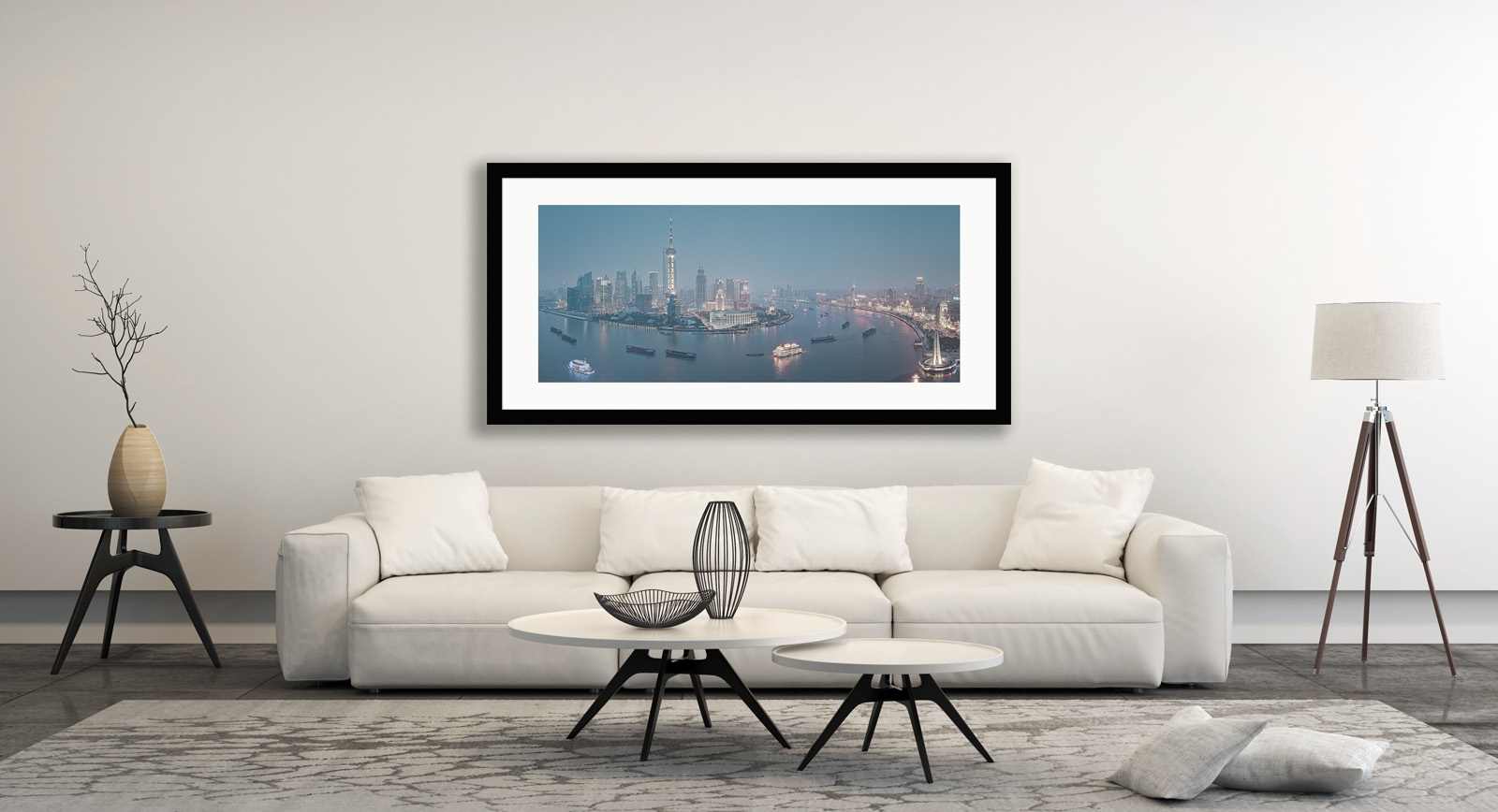 A framed fine art print of Huangpu River in a room setting