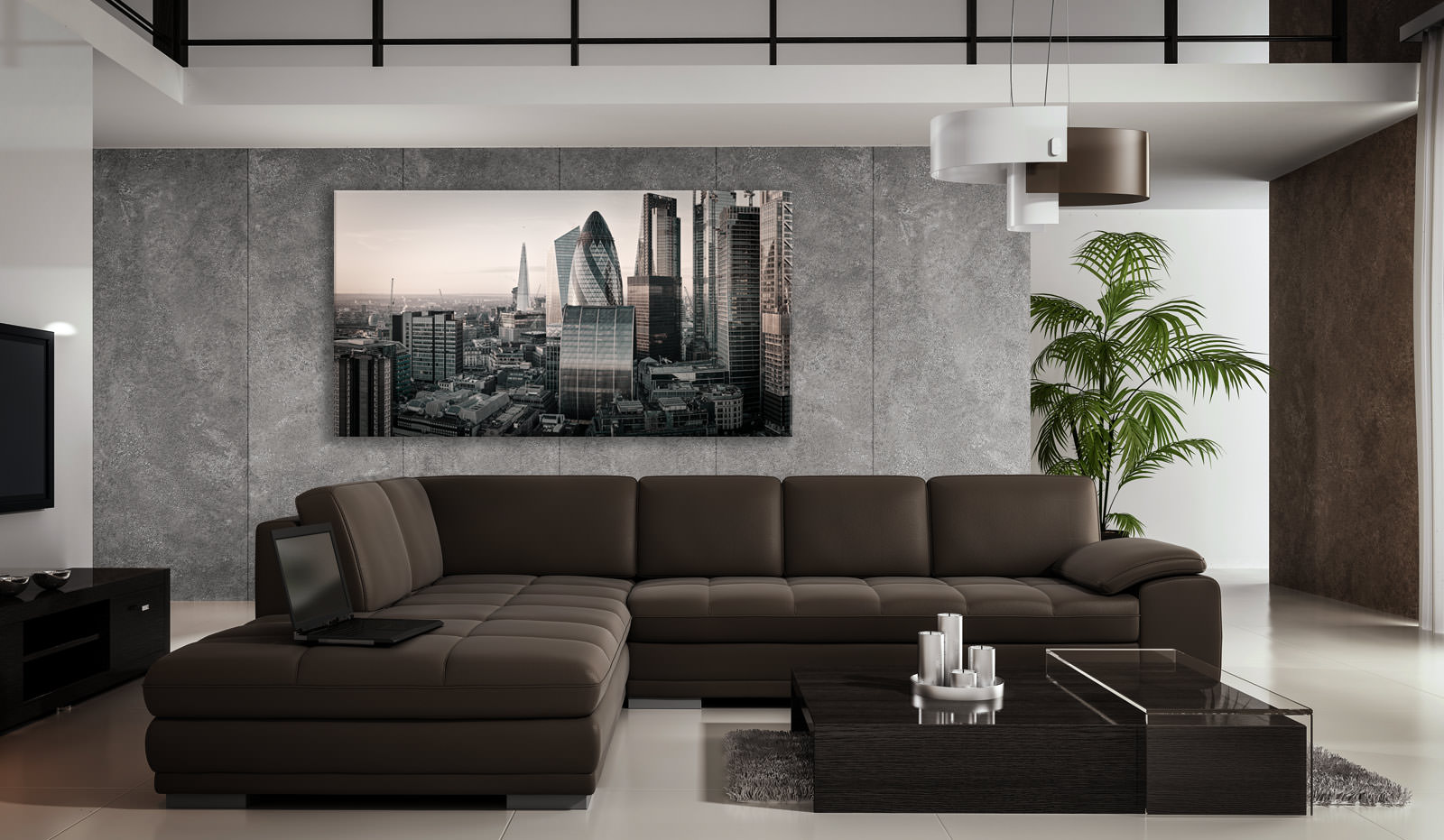 A large acrylic print of The City Awaits in a room setting