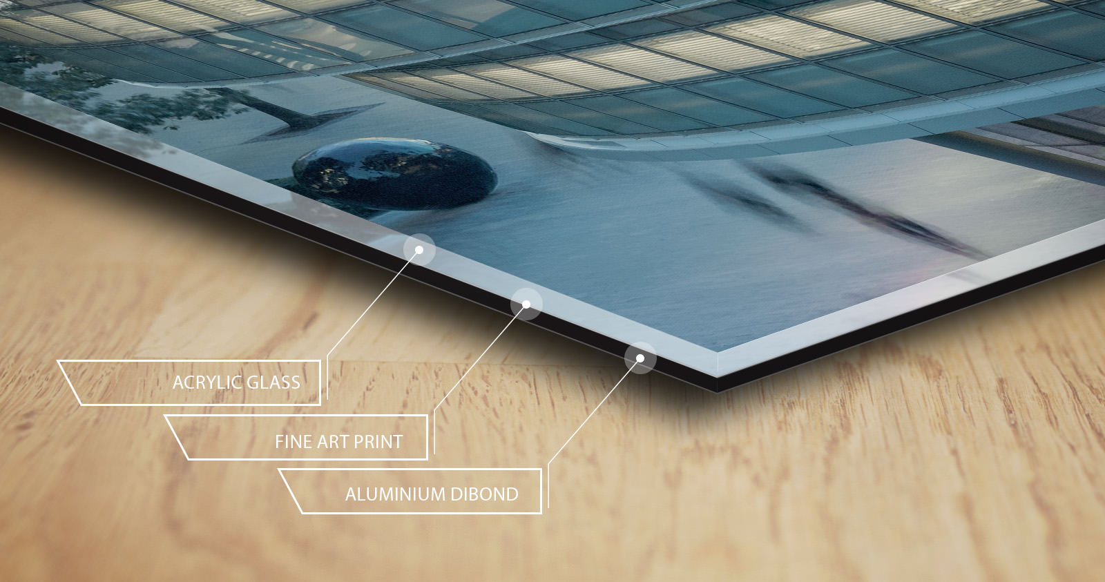 Cross-section of the acrylic print: acrylic glass, fine art print, aluminium Dibond