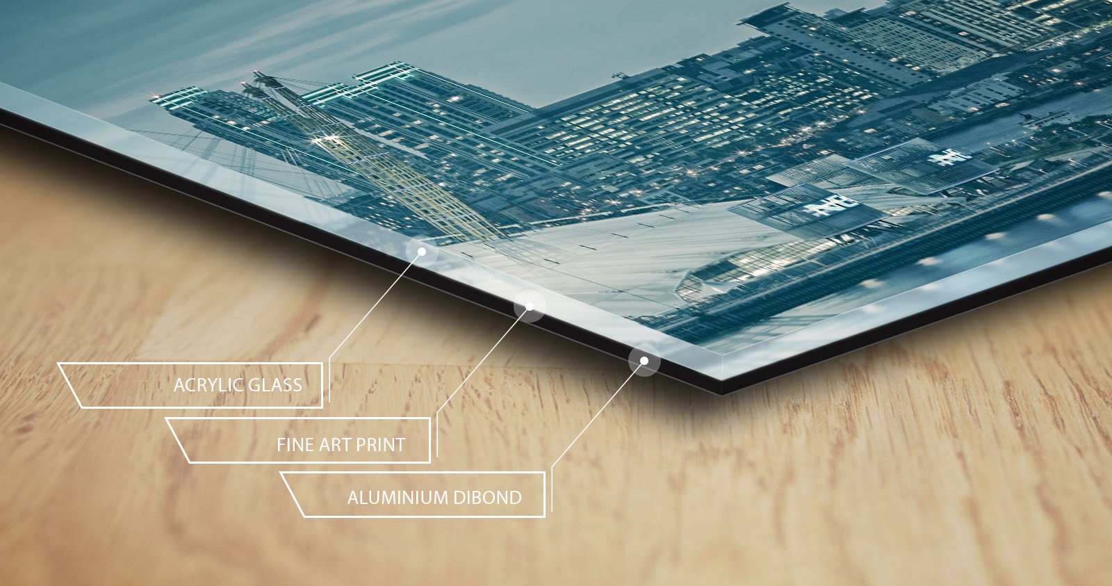 Cross-section of the acrylic print: acrylic glass, fine art print, aluminium Dibond