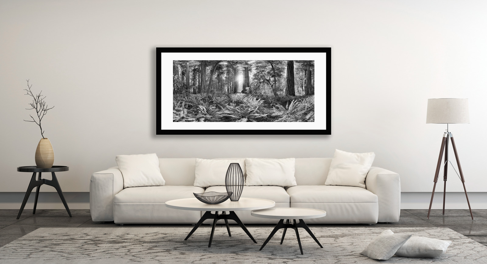 A framed fine art print of Redwoods in a room setting