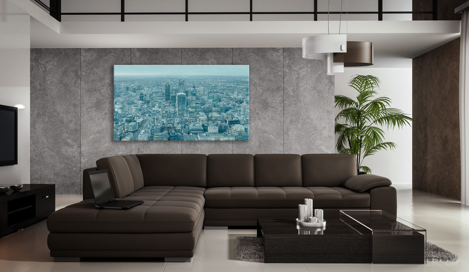 A large acrylic print of Infinitely London in a room setting