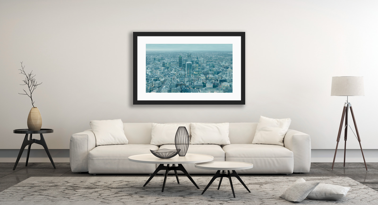A framed fine art print of Infinitely London in a room setting