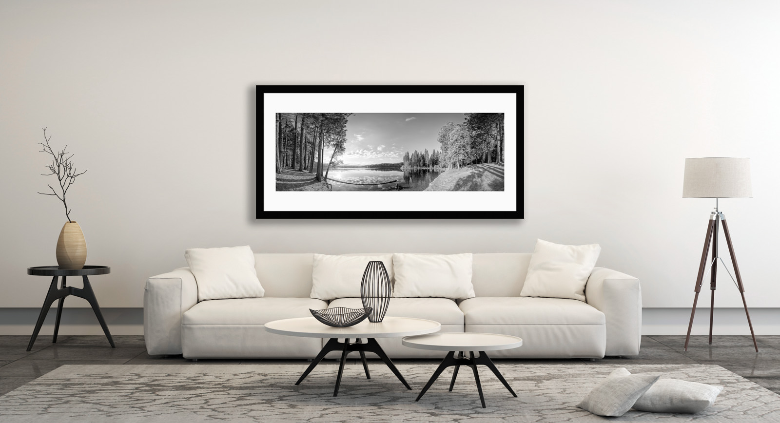 A framed fine art print of Lake Siskiyou in a room setting