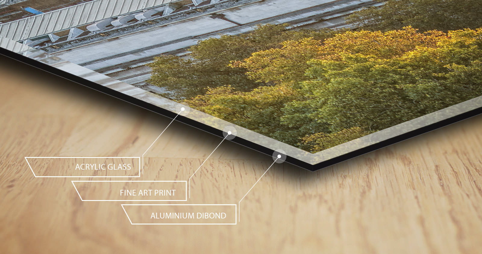 Cross-section of the acrylic print: acrylic glass, fine art print, aluminium Dibond