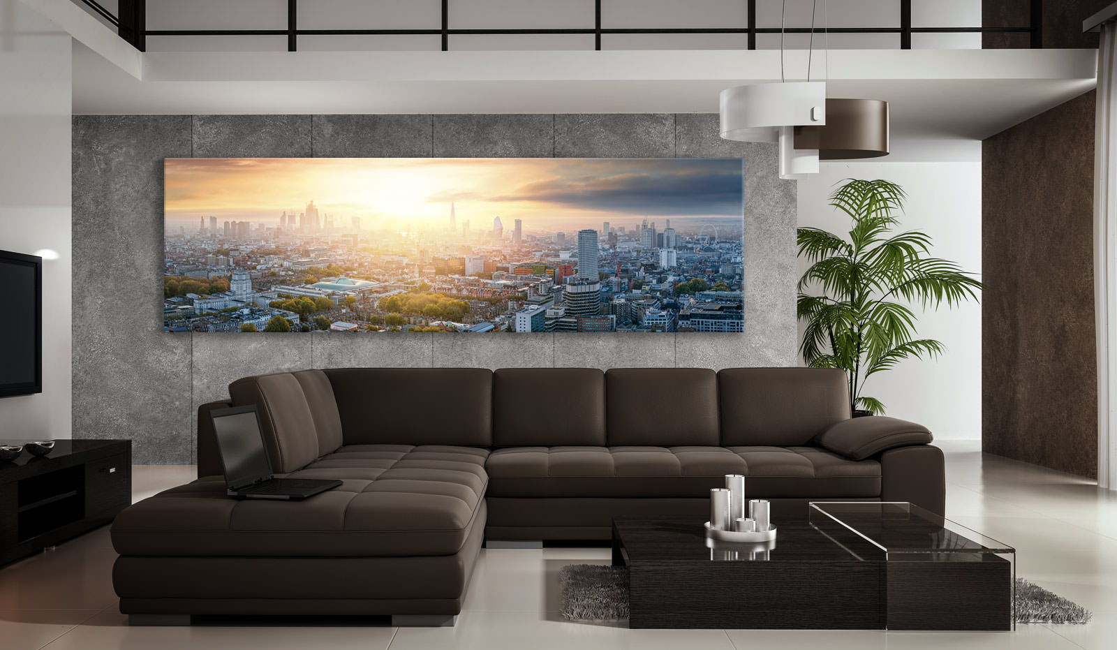 A large acrylic print of London Begins in a room setting
