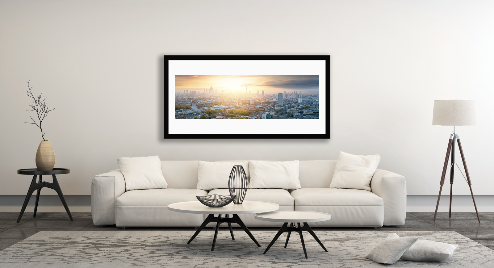 A framed fine art print of London Begins in a room setting