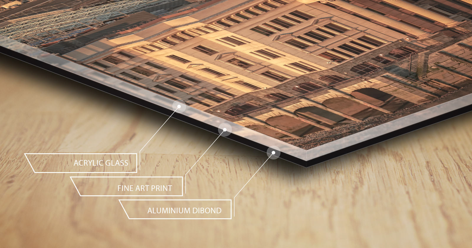 Cross-section of the acrylic print: acrylic glass, fine art print, aluminium Dibond