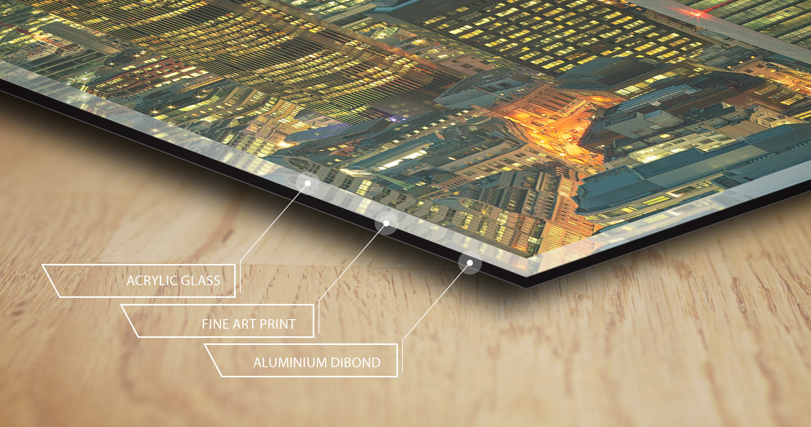 Cross-section of the acrylic print: acrylic glass, fine art print, aluminium Dibond