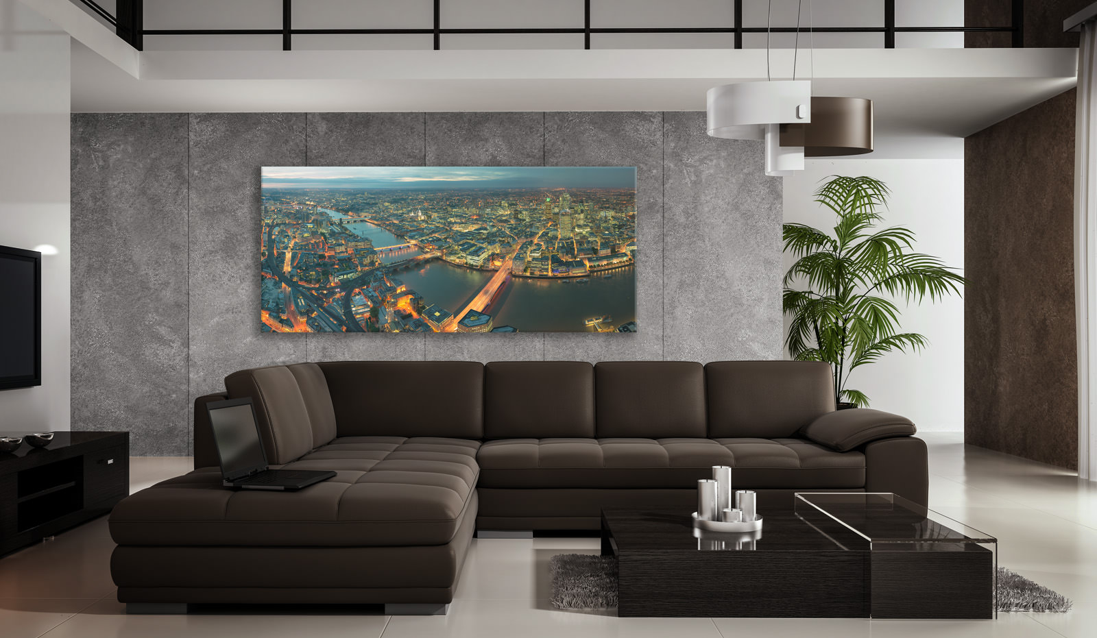 A large acrylic print of Shard Night in a room setting