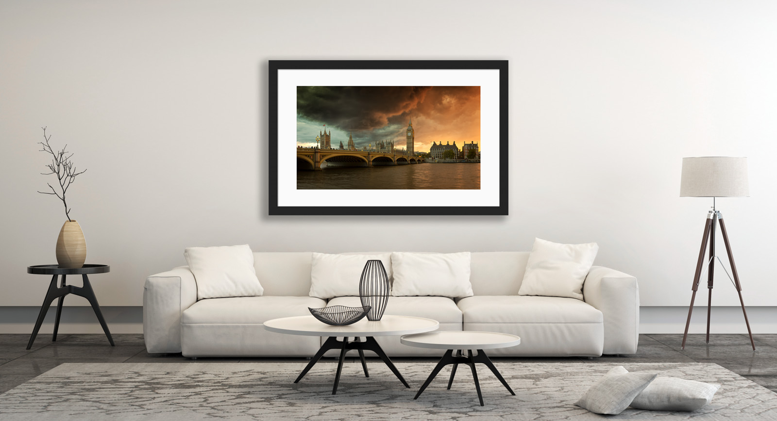A framed fine art print of Palace of Westminster in a room setting