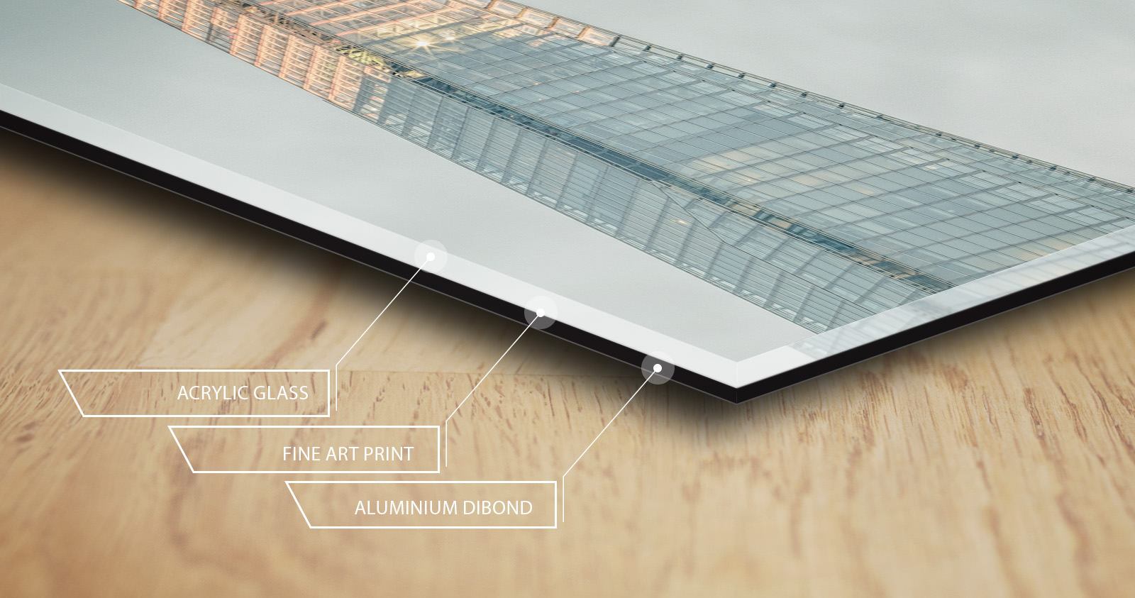 Cross-section of the acrylic print: acrylic glass, fine art print, aluminium Dibond