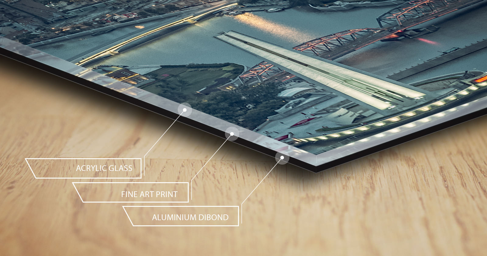 Cross-section of the acrylic print: acrylic glass, fine art print, aluminium Dibond