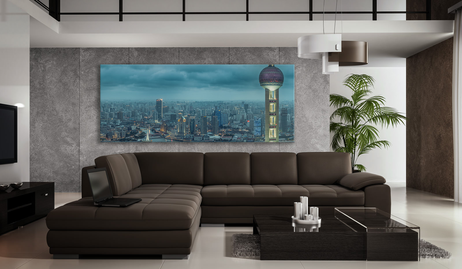 A large acrylic print of Pudong View in a room setting