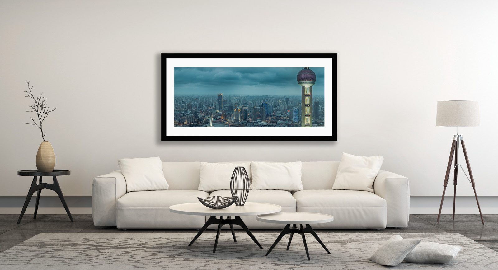A framed fine art print of Pudong View in a room setting