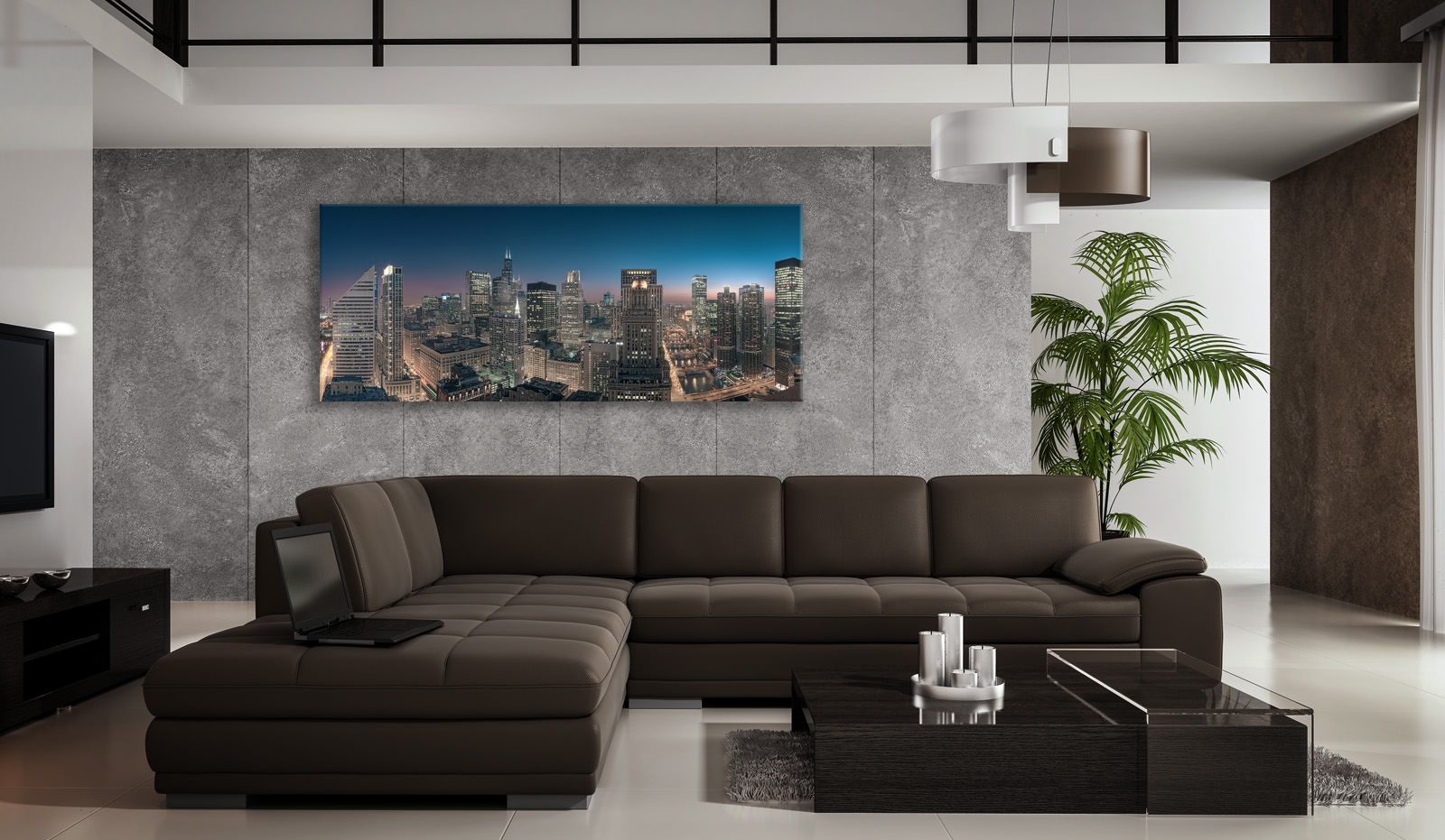 A large acrylic print of Sears Tower Skyline, Chicago in a room setting