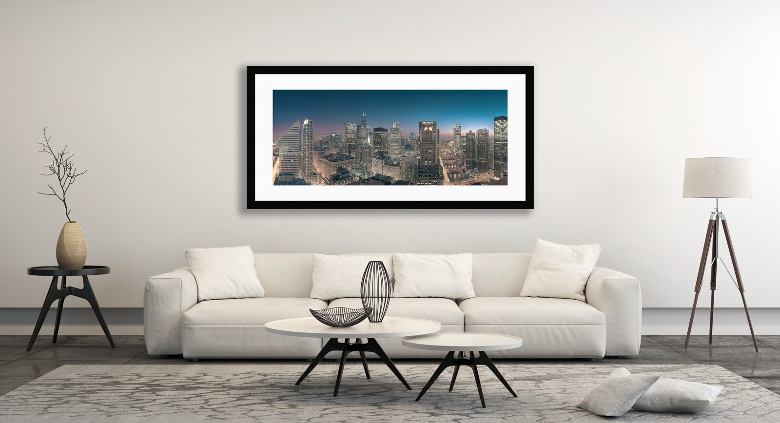 A framed fine art print of Sears Tower Skyline, Chicago in a room setting