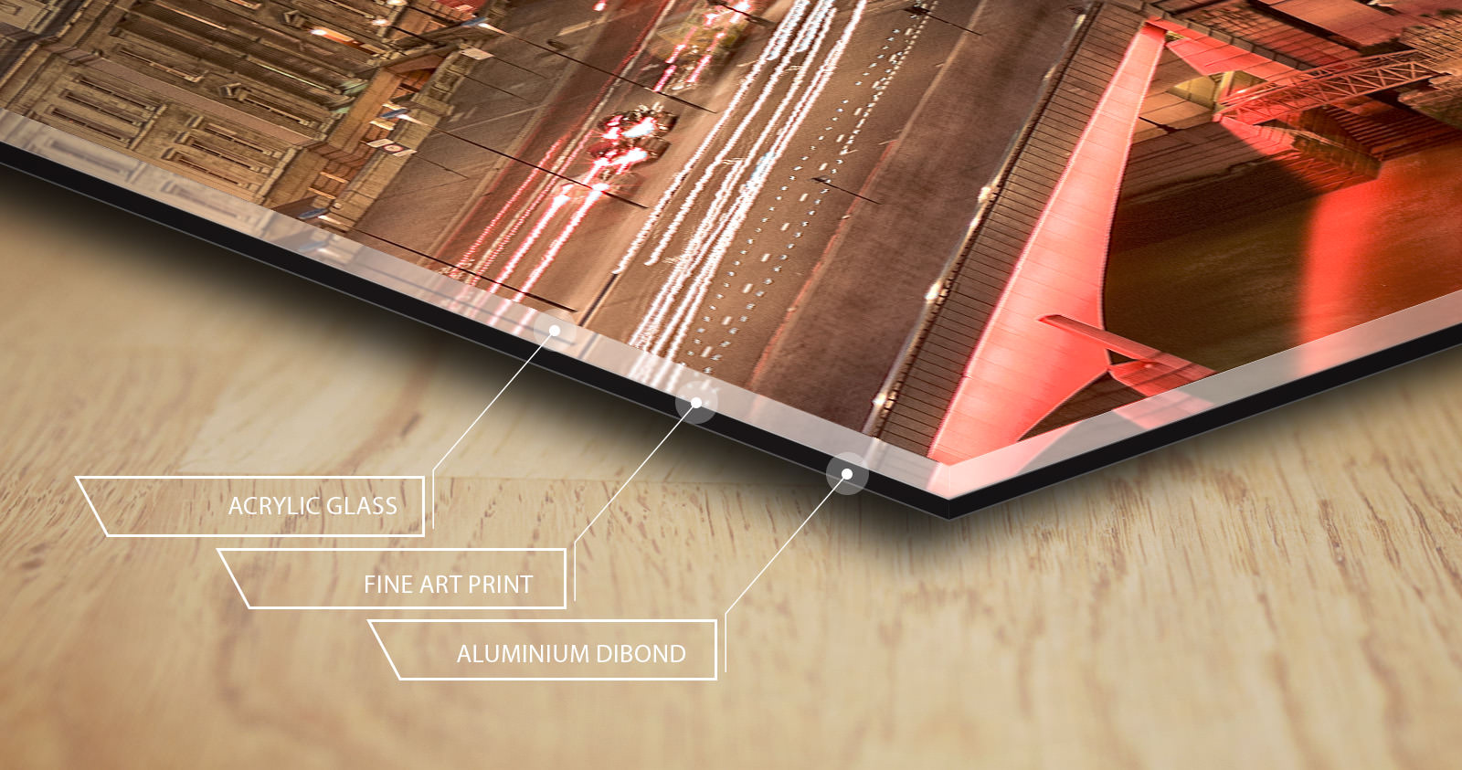 Cross-section of the acrylic print: acrylic glass, fine art print, aluminium Dibond