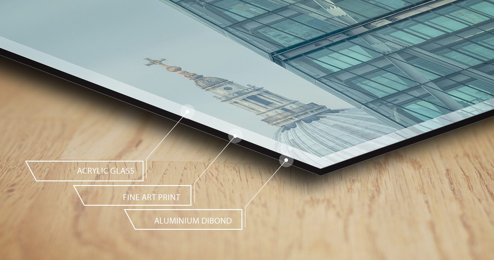 Cross-section of the acrylic print: acrylic glass, fine art print, aluminium Dibond