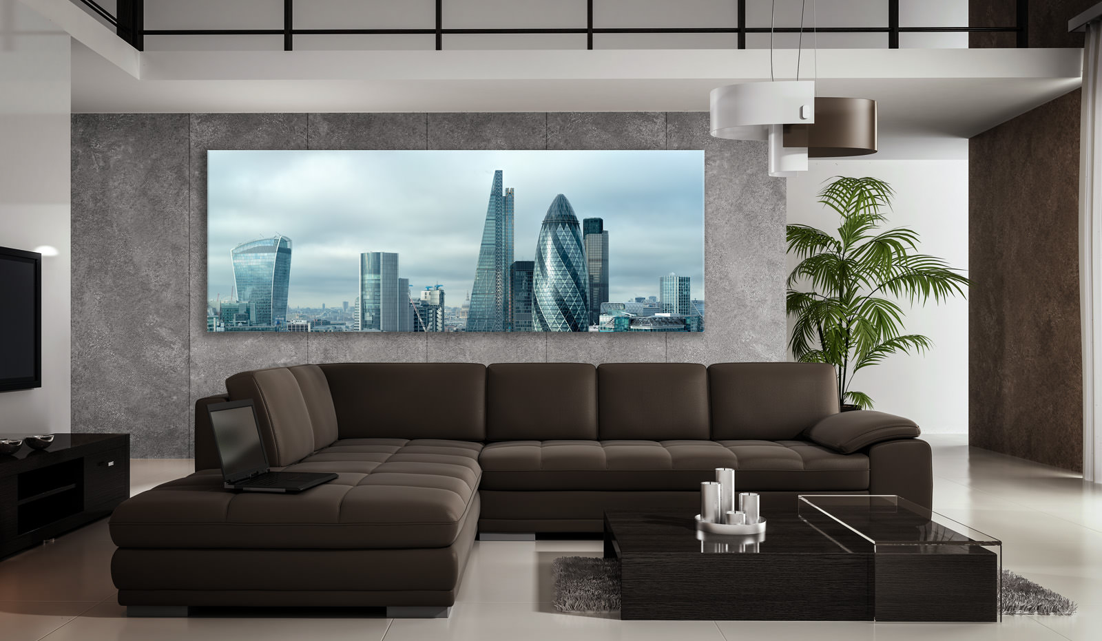 A large acrylic print of Silvered City in a room setting