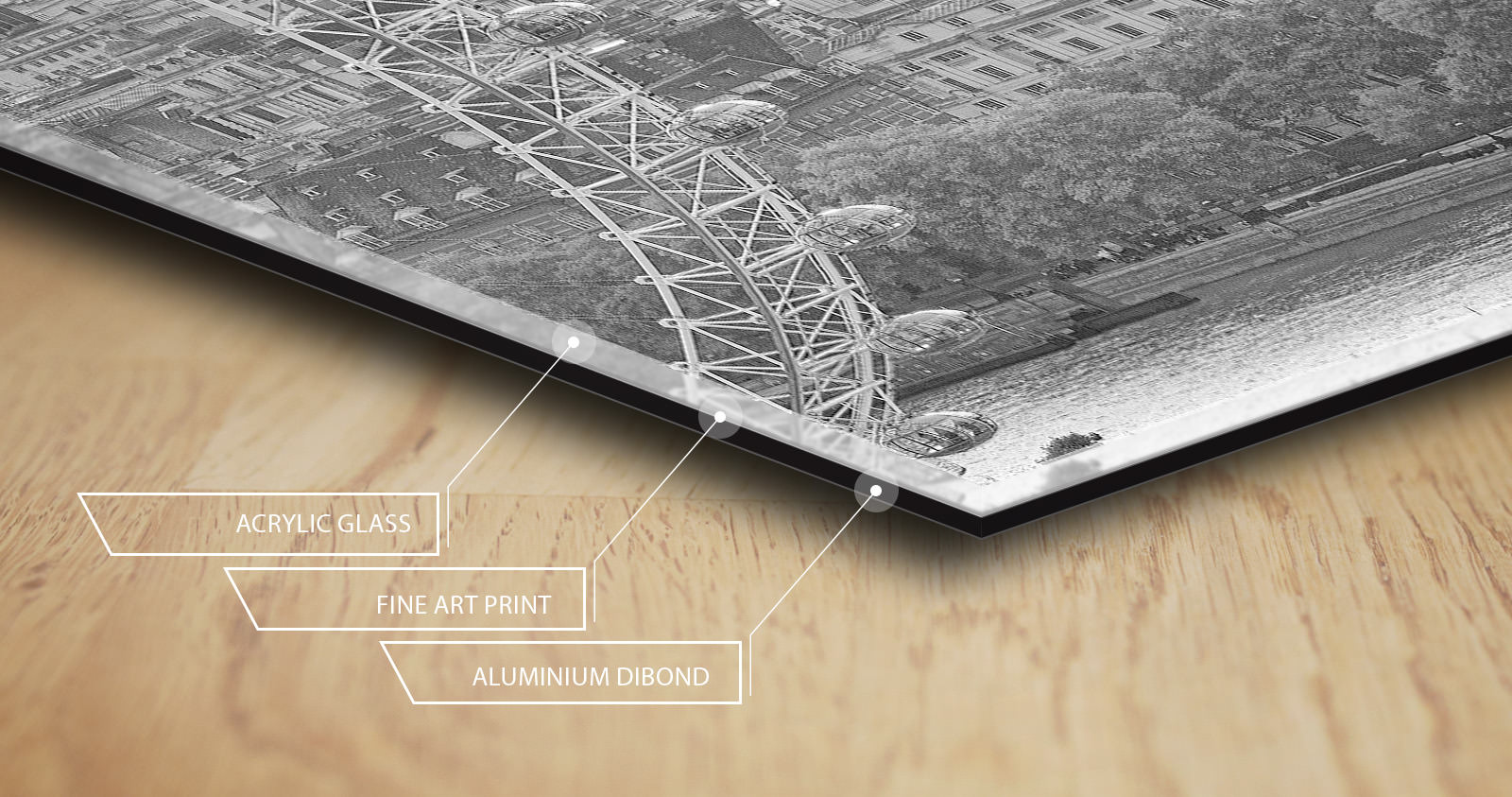 Cross-section of the acrylic print: acrylic glass, fine art print, aluminium Dibond