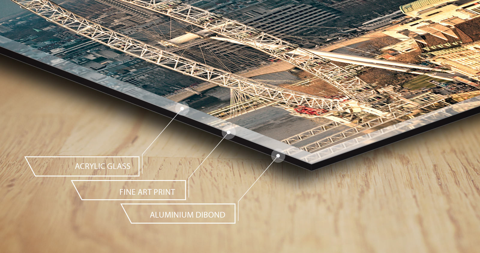 Cross-section of the acrylic print: acrylic glass, fine art print, aluminium Dibond