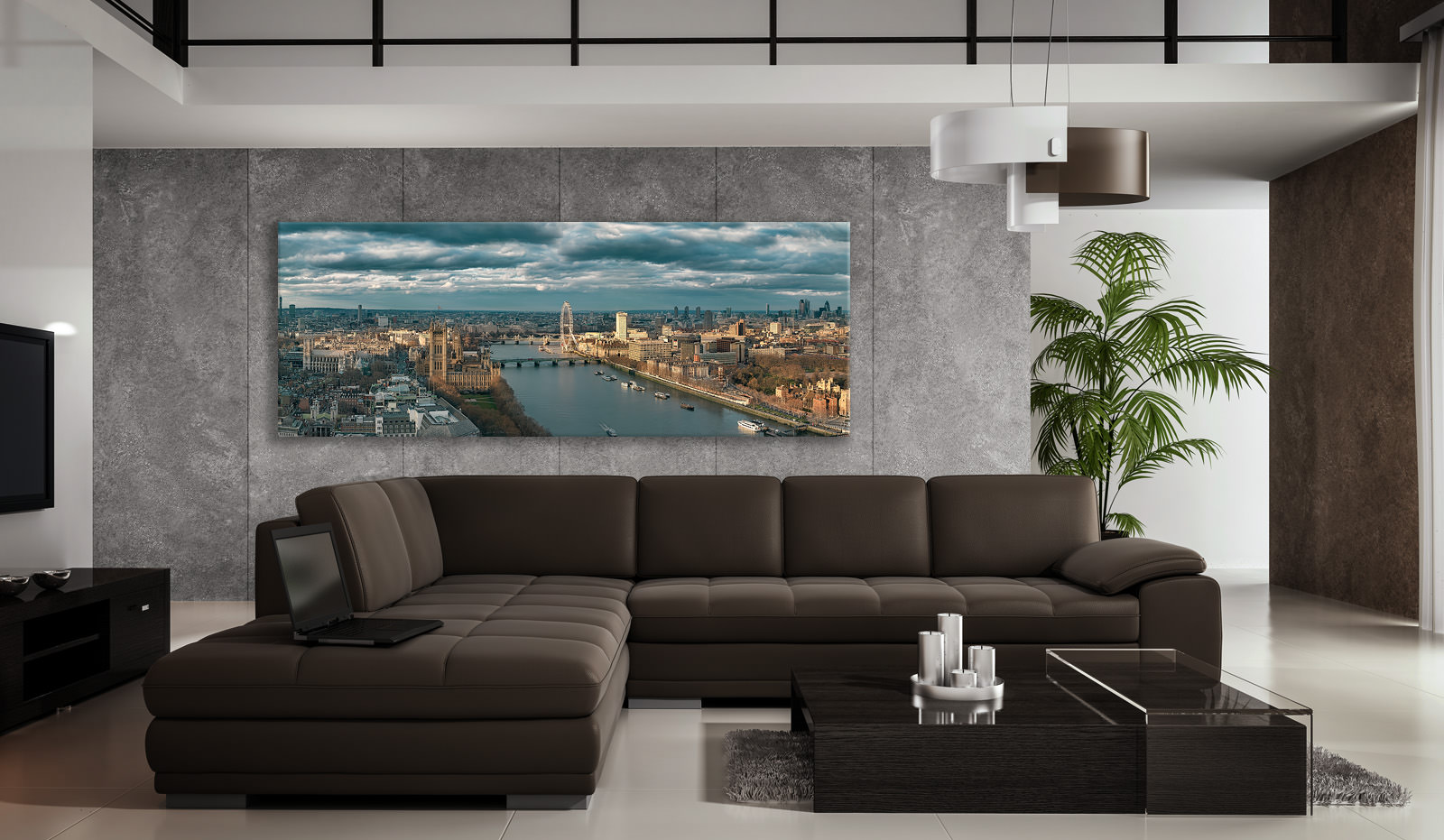 A large acrylic print of Sunlit London in a room setting