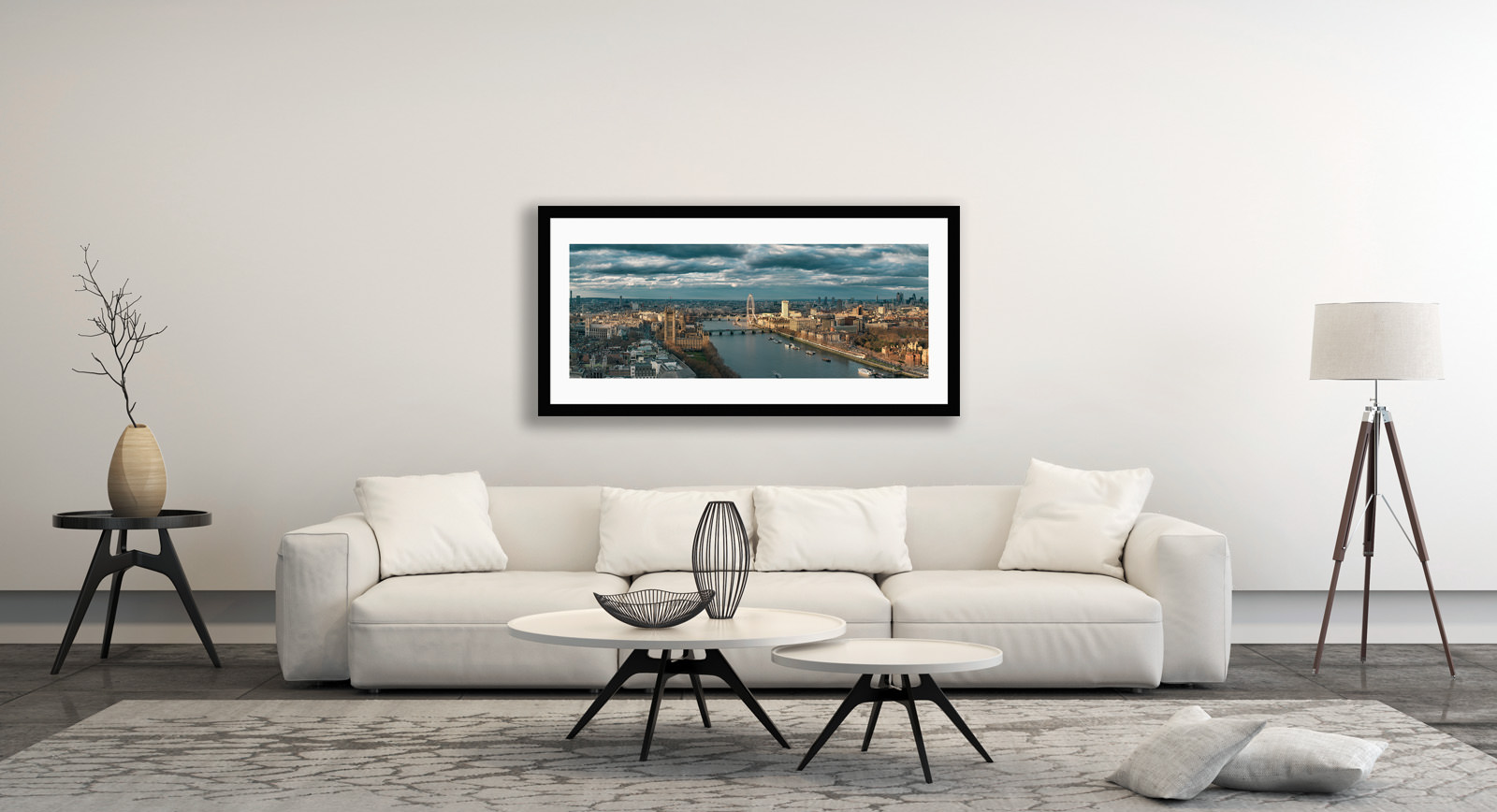 A framed fine art print of Sunlit London in a room setting