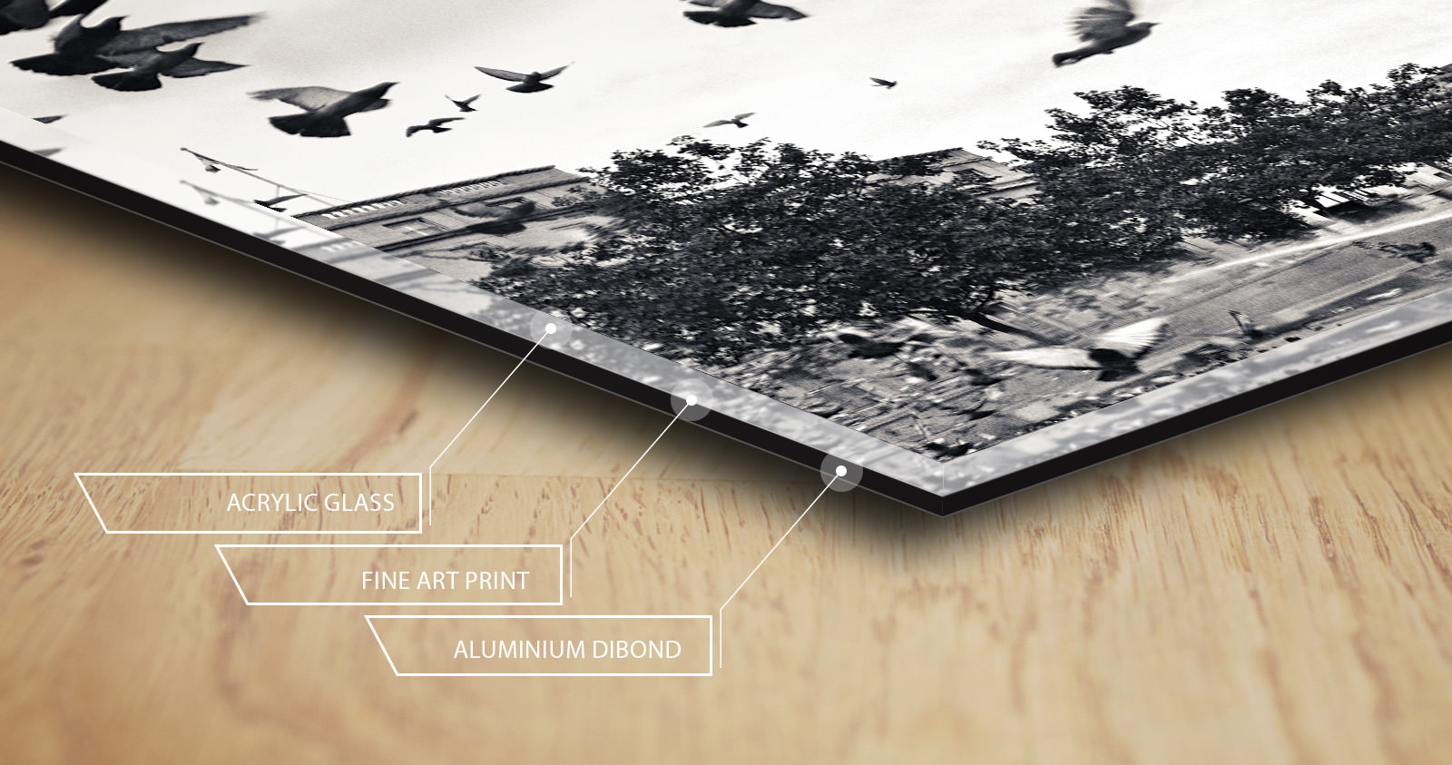 Cross-section of the acrylic print: acrylic glass, fine art print, aluminium Dibond