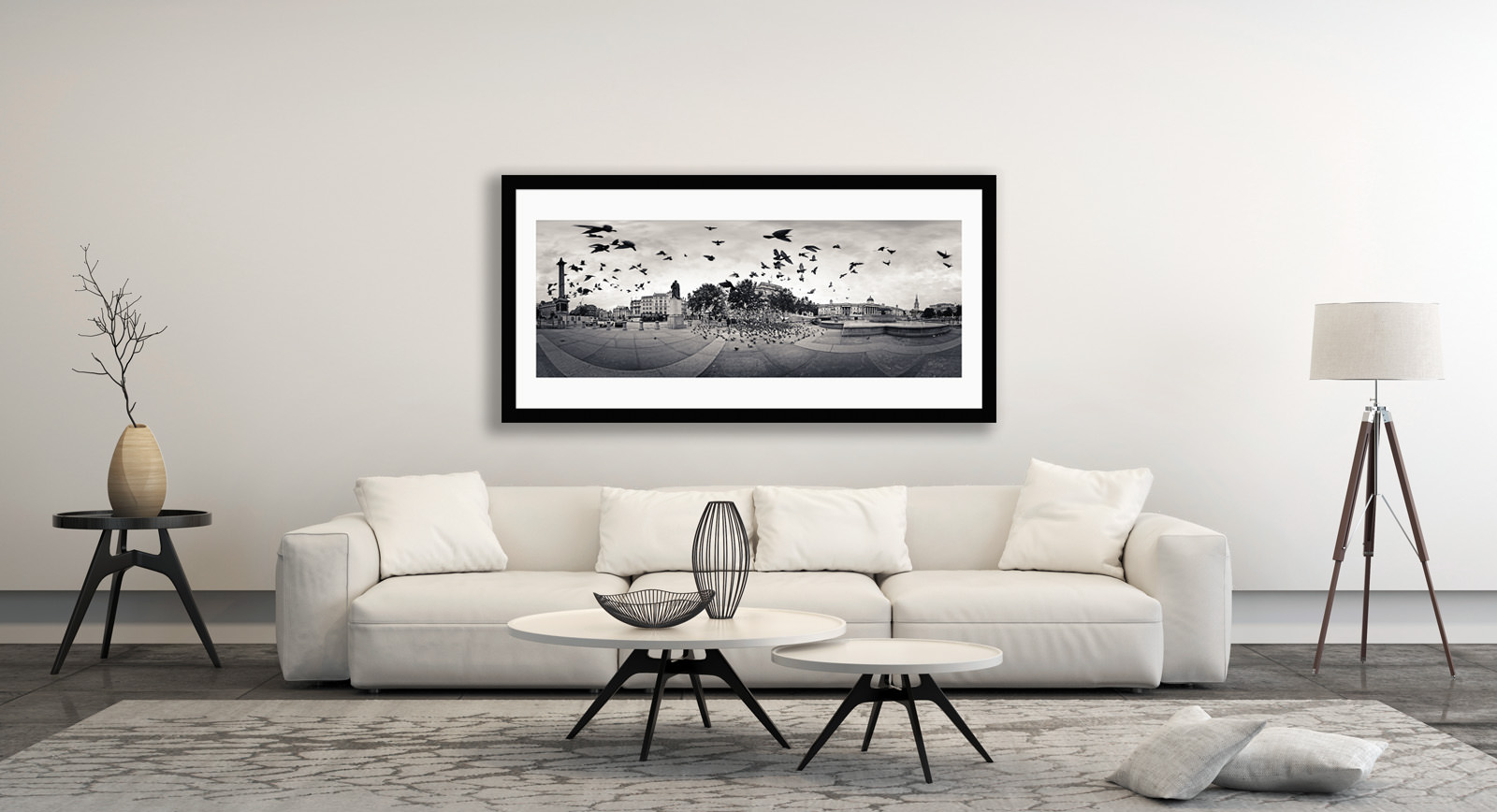 A framed fine art print of The Birds in a room setting