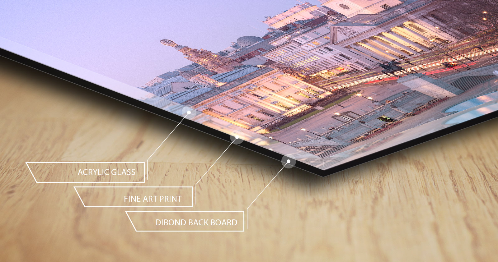 Cross-section of the acrylic print: acrylic glass, fine art print, Dibond back board