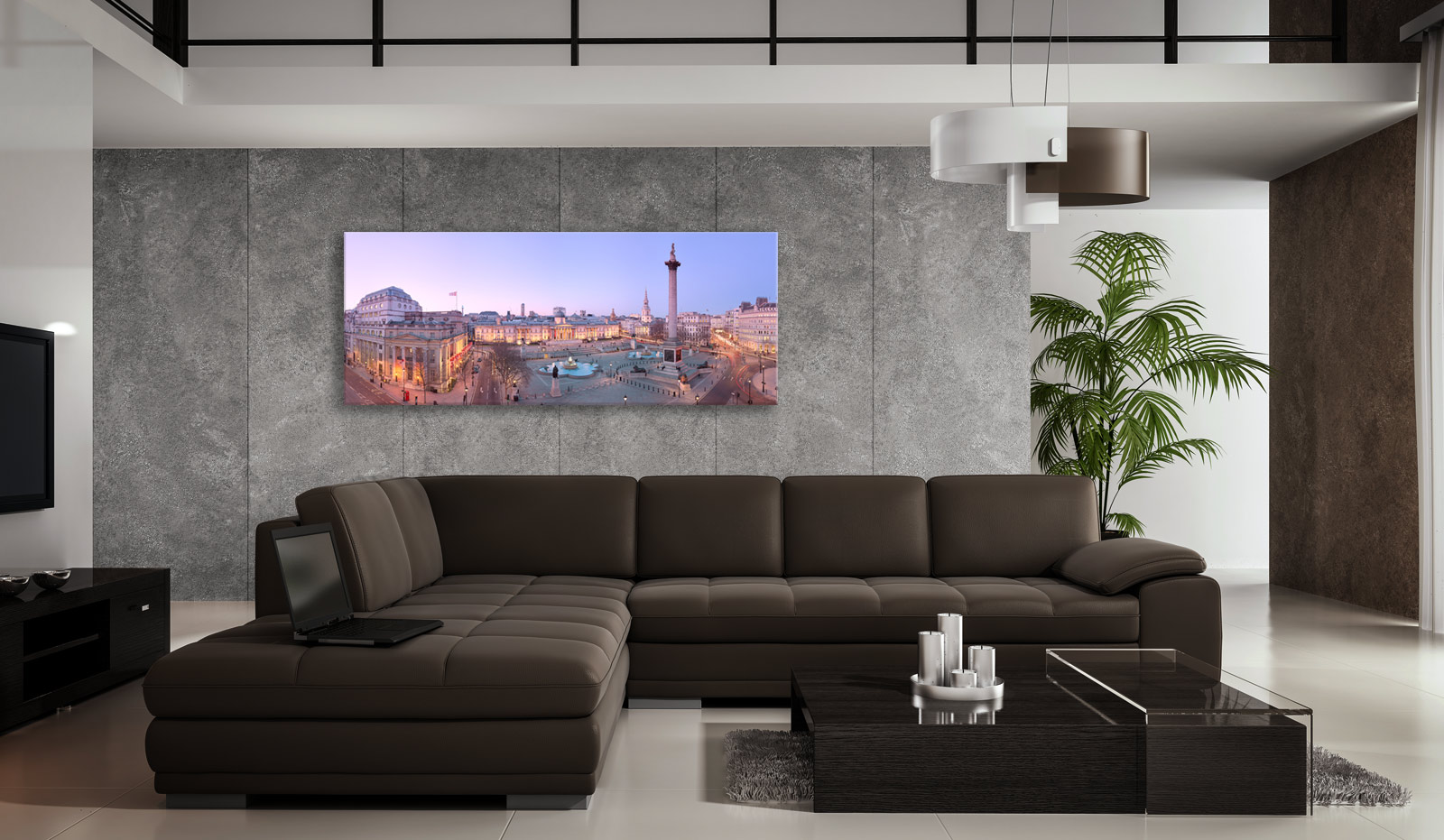 A large acrylic print of Trafalgar Square at Twilight in a room setting