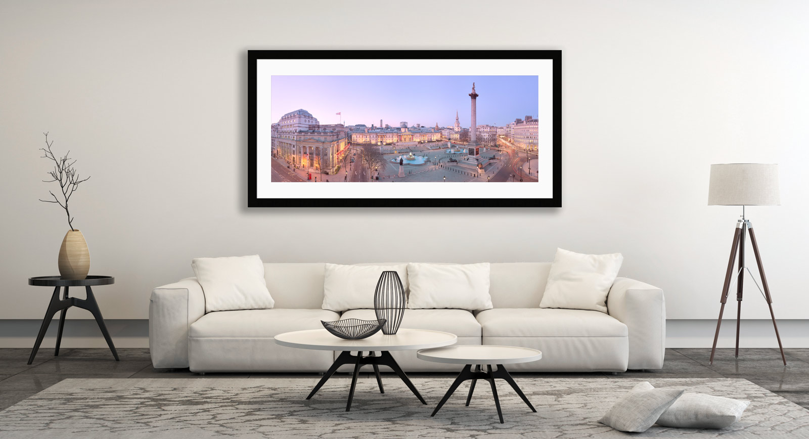 A framed fine art print of Trafalgar Square at Twilight in a room setting