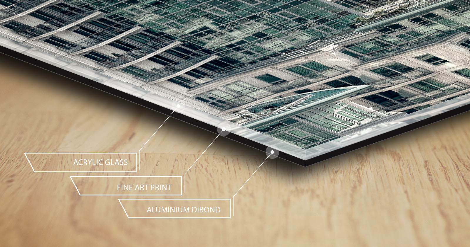 Cross-section of the acrylic print: acrylic glass, fine art print, aluminium Dibond