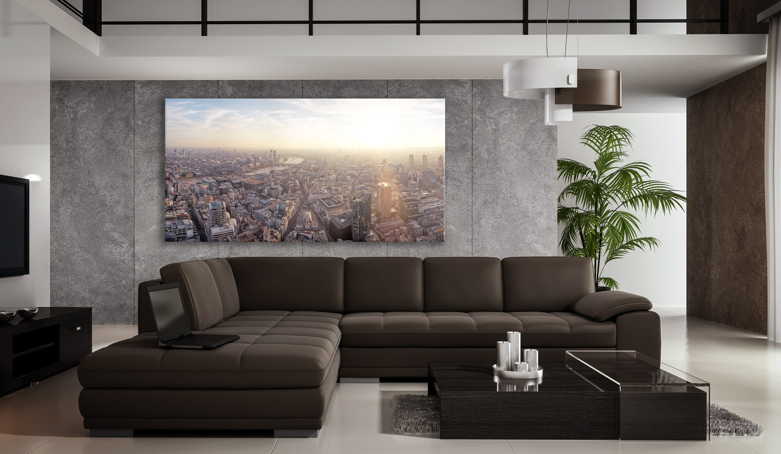 A large acrylic print of Sundown Over West London in a room setting